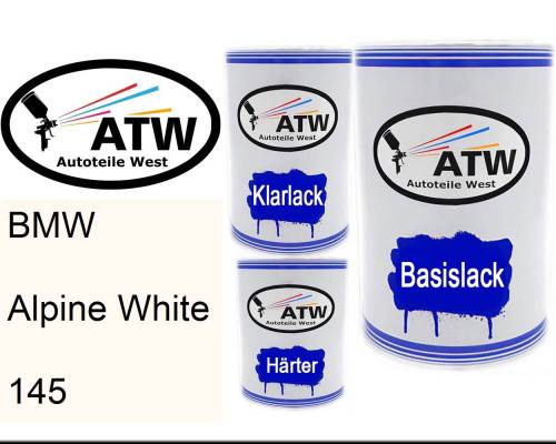 BMW, Alpine White, 145: 500ml Lackdose + 500ml Klarlack + 250ml Härter - Set, von ATW Autoteile West.